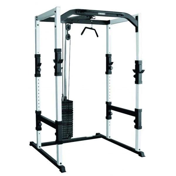 York Barbell FTS Power Cage 48053 with the lat pulldown attachment and selectorized weight stack, showcasing expanded versatility for upper body strength training.