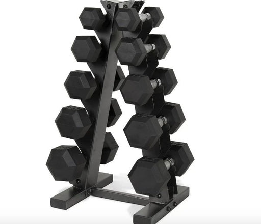 Rubber Hex Dumbbells 5-25 lb Set with A-Frame Rack, featuring rubber-coated heads for noise reduction and floor protection, and a compact A-frame dumbbell rack for efficient storage.