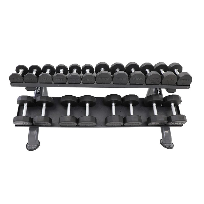 TKO Strength 2-Tier Horizontal Dumbbell Rack with 10-sided dumbbells