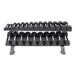 TKO Strength 2-Tier Horizontal Dumbbell Rack with hex dumbbells