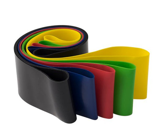 Body-Solid Mini Bands in 5 Resistance Levels for Strength, Coordination, and Rehab 5 Pack white background bands curled together in circular pattern