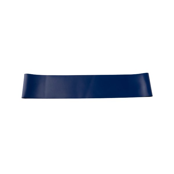 Blue mini band stretched out fully on a white background