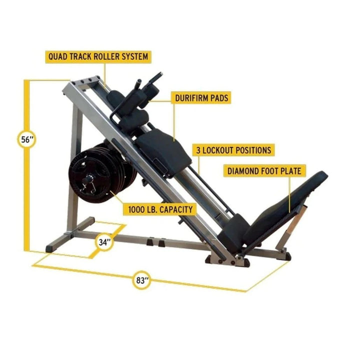 Diagram of Body-Solid Leg Press & Hack Squat Machine showing detailed dimensions, including height, length, and width measurements for optimal placement in home or commercial gyms.