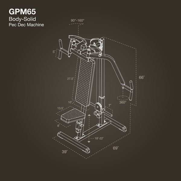 Diagram showing the dimensions of the Body-Solid Pec Dec Machine GPM65B, including height, width, and length for accurate gym space planning.