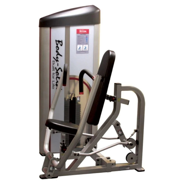 Side view hero image of the Body-Solid Pro Clubline Series II S2CP Chest Press Machine highlighting its fully-shrouded weight stack and ergonomic design.