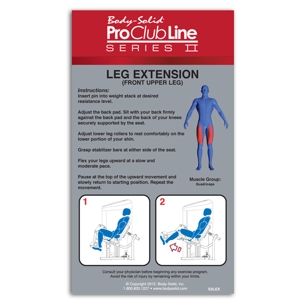 Close-up of the instructional sticker on the Body-Solid S2LEX Leg Extension Machine, displaying the exercise and muscles worked.