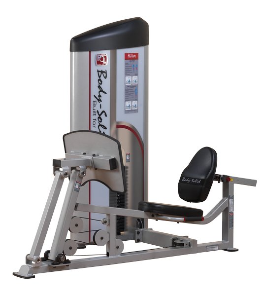 Front view of the Body-Solid Pro Clubline Series II S2LPC Leg Press & Calf Raise machine showcasing the fully shrouded weight stack and ergonomic design.