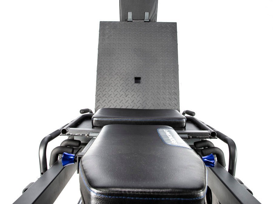 Top-down view of the bottom plate on the BodyCraft F760 Leg Press and Hack Squat Combo Machine, showing the flat textured surface for stable foot positioning without the calf block.