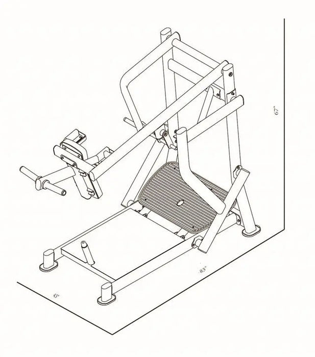 "Technical drawing diagram of the BodyKore Pendulum Squat CF8137, displaying detailed dimensions and measurements of the machine"