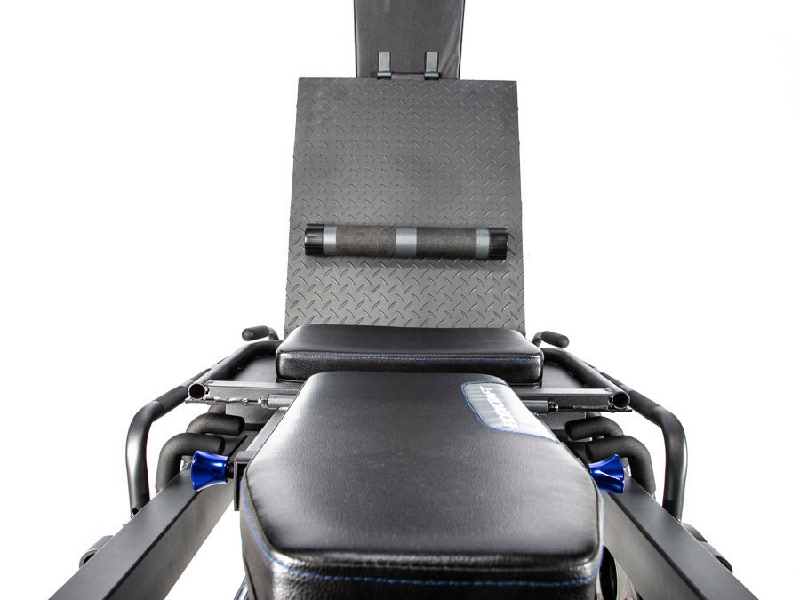 Top-down view showing the bottom plate with the removable calf block on the BodyCraft F760 Leg Press and Hack Squat Combo Machine.