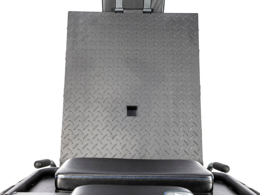 Close-up of the bottom plate on the BodyCraft F760 Leg Press and Hack Squat Combo Machine, highlighting the textured surface and secure foot placement.