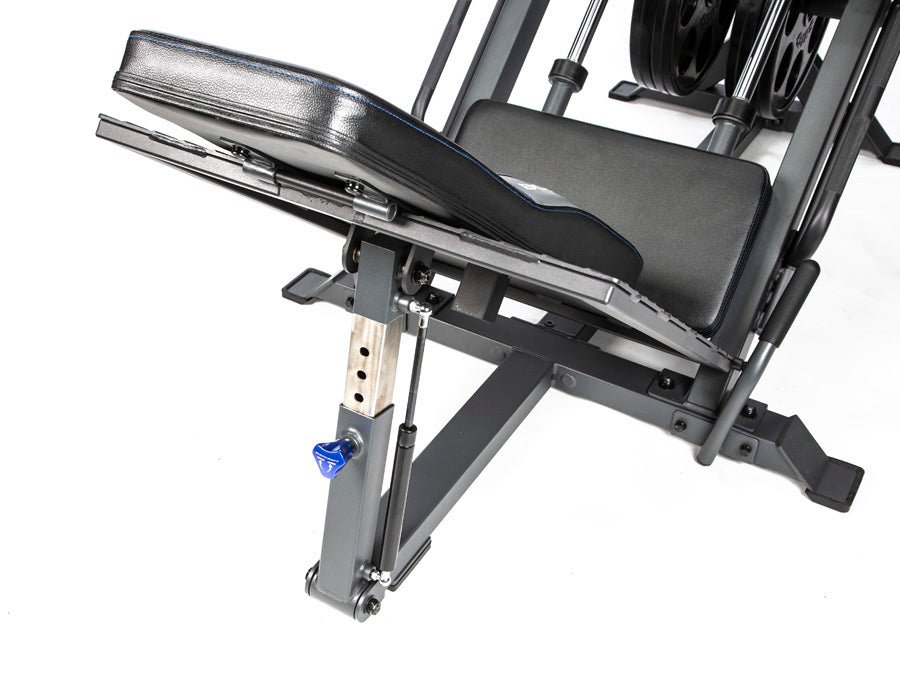 Close-up of the seat area and gas-assisted adjustment mechanism on the BodyCraft F760 Leg Press and Hack Squat Combo Machine.