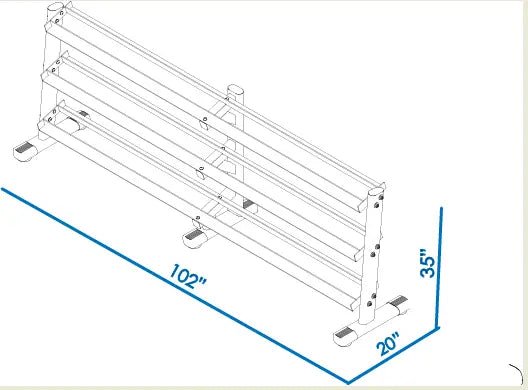 BodyKore G243 Dumbbell Rack with dimensions listed, showcasing its 102" L x 20" W x 35" H size, perfect for space-efficient dumbbell storage.