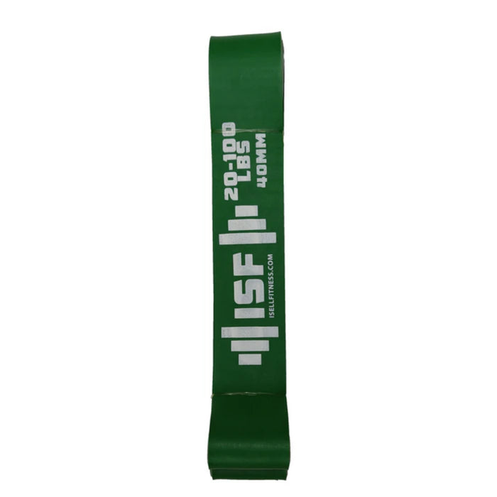 ISF Resistance Band 40mm Green, 20lb-100lb resistance, designed for heavy resistance training, squats, and bench press.