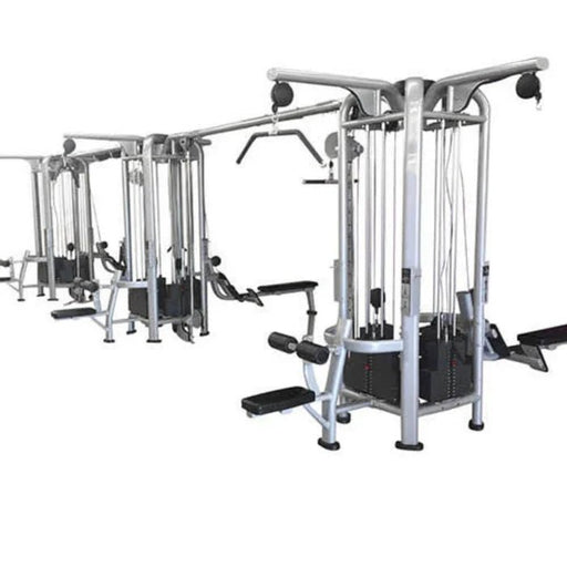 Muscle D Fitness Deluxe 12-Stack Jungle Gym, featuring a robust 11-gauge steel frame and multiple workout stations, designed for high-traffic gyms. Shown in an L-shape configuration with customizable options, perfect for delivering a comprehensive workout experience.