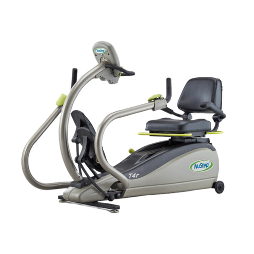 NuStep T4r Recumbent Cross Trainer, compact and adjustable, made in the USA, shown on a white background.