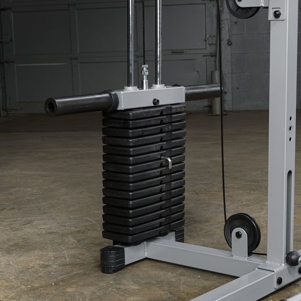 Powerline Smith Machine Package Close up of weight stack and olympic weight horns to add more weight