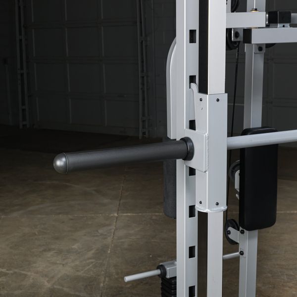 Powerline Smith Machine Package showing close up of smith bar with optional 2" adapter to load olympic plates