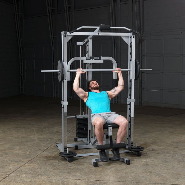 Powerline Smith Machine Package showing male athlete about to perform incline bench press 