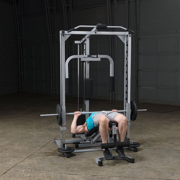 Powerline Smith Machine Package showing male athlete about to perform decline bench press