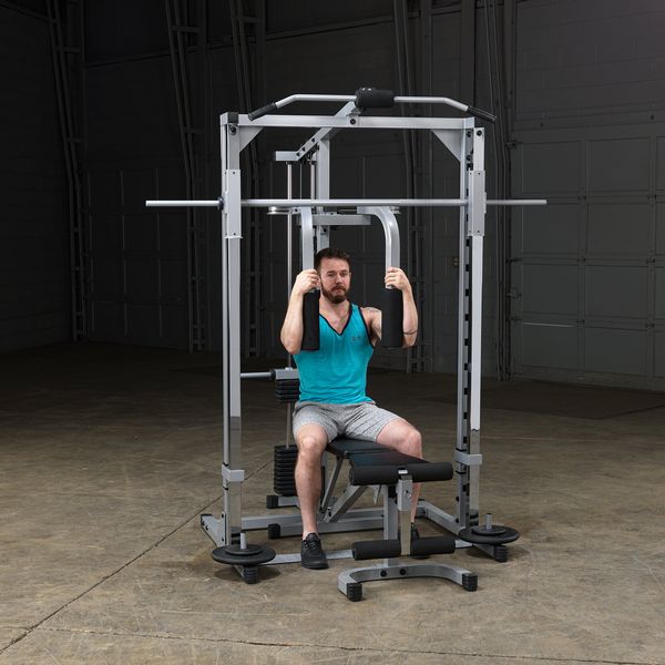 Powerline Smith Machine Package showing male athlete performing pec dec fly