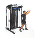 Bodycraft XFT Functional Trainer side with all white background and athlete performing cable exercises with bar