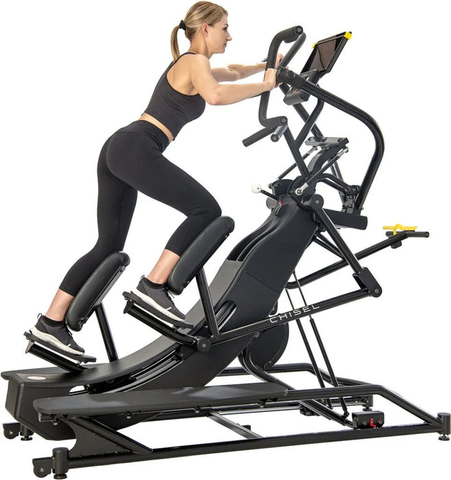  Female athlete using the Chisel Challenger in the stair climb position on a white background, highlighting the machine's capability for intense lower-body workouts, perfect for both commercial and home gym settings.