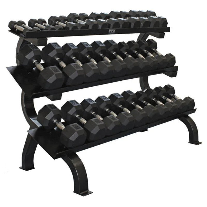 5-75 lb Rubber Encased Dumbbell Set with 3 Tier Shelf Rack VTX Troy VERTPAC-SDR75