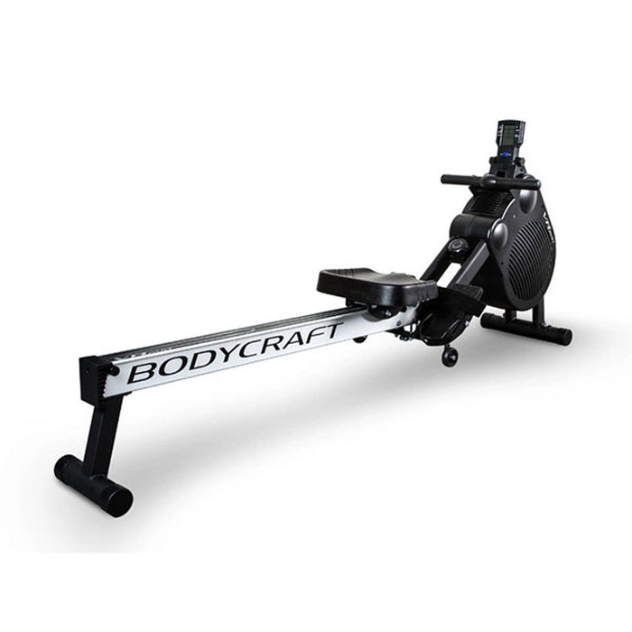 BodyCraft VR200 Rowing Machine with adjustable footrests and compact foldable design from rear side