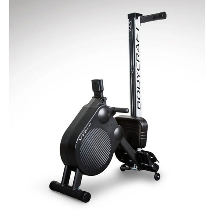 BodyCraft VR200 Rowing Machine folded for compact storage, showcasing its space-saving design.