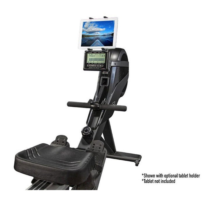 Close-up view of the BodyCraft VR400 Pro Rower Machine, focusing on the contoured seat, ergonomic handlebar, display console, and user-supplied tablet, showcasing the machine's advanced features and user-friendly design.