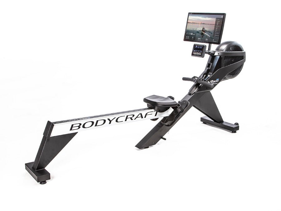 Side view of the BodyCraft VR500 Pro Rower Machine, featuring the Connect-22 tablet option mounted on the console, showcasing the rower's sleek design, durable frame, ergonomic seat, and advanced technology integration for a complete and immersive workout experience.