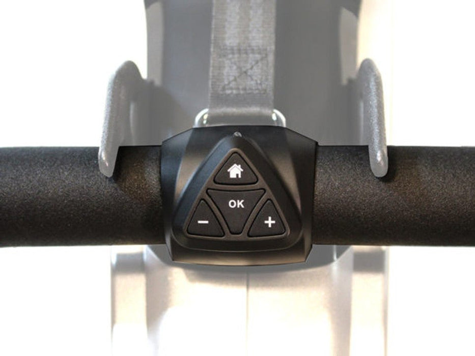 Close-up of the handlebar on the BodyCraft VR500 Pro Rower Machine, showcasing the ergonomic grip and resistance control buttons, allowing for easy adjustment of resistance levels during workouts without interrupting the rowing motion.