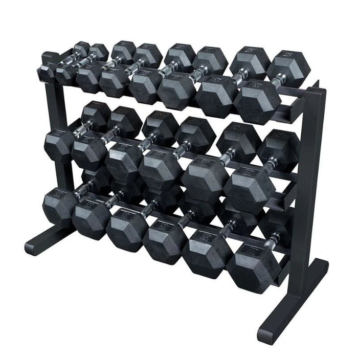 Body Solid Rubber Hex Dumbbell 5-50lb Package with Rack & Floor Mat