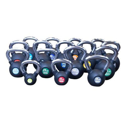 Full range of Body-Solid Tools KBZ Premium Kettlebells from 5 lbs to 80 lbs, featuring color-coded rubber coating and chrome non-slip handles, ideal for strength training, endurance, and flexibility exercises in home and gym settings.