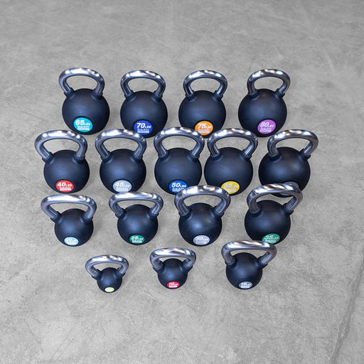 Full range of Body-Solid Tools KBZ Premium Kettlebells from 5 lbs to 80 lbs, featuring color-coded rubber coating and chrome non-slip handles, ideal for strength training, endurance, and flexibility exercises in home and gym settings top view