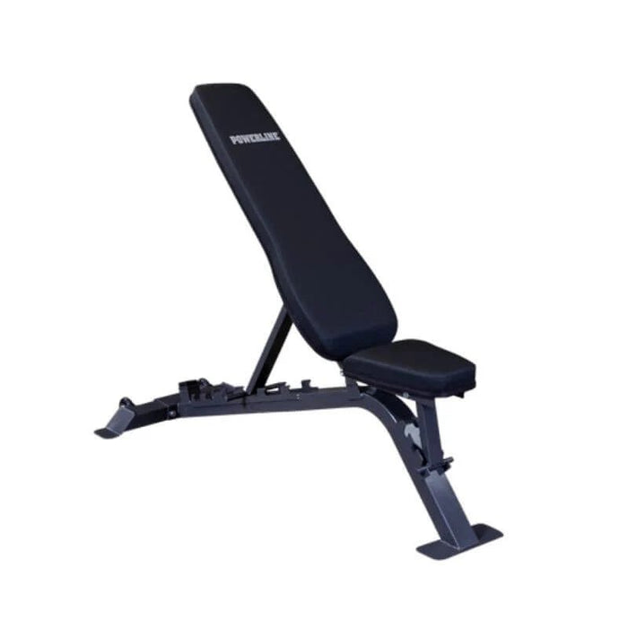 Powerline PFI150 Flat/Incline/Decline Bench by Body-Solid, adjustable with transport wheels for home gyms in an upright position 45 degree