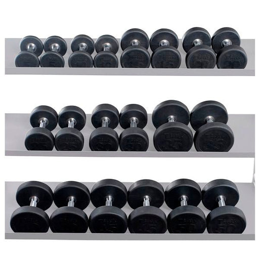 Body-Solid Round Rubber Coated Dumbbell Set 5-50 lbs with chrome handles and rubber-coated heads, including 20 dumbbells.