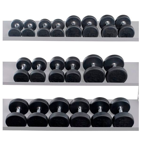 Body-Solid Round Rubber Coated Dumbbell Set 5-50 lbs with chrome handles and rubber-coated heads, including 20 dumbbells.