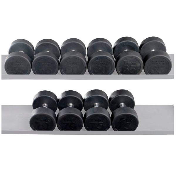 Body-Solid Round Rubber Coated Dumbbell Set 55-75 lbs with chrome handles and rubber-coated heads, including 10 dumbbells.