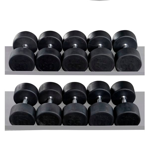 Body-Solid Round Rubber Coated Dumbbell Set 80-100 lbs with chrome handles and rubber-coated heads, including 10 dumbbells.