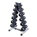 Body-Solid Rubber Hex Dumbbell 5-30lb Vertical Package with full set of dumbbells and compact vertical rack, ideal for organized strength training in small spaces.

