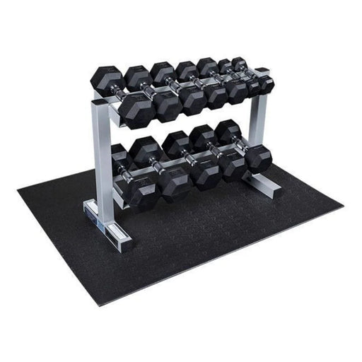 Body-Solid Powerline Rubber Hex Dumbbell 5-30lb Package with 2-tier rack, 5-30lb dumbbell set, and protective rubber mat, perfect for organized strength training.

