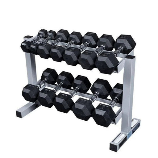 Body-Solid Powerline 2-tier dumbbell rack with a complete set of SDR Rubber Hex Dumbbells ranging from 5 to 30 lbs, neatly organized for efficient strength training.