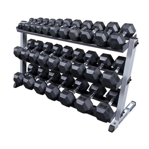 Body-Solid 3-tier dumbbell rack with a complete set of SDR Rubber Hex Dumbbells ranging from 5 to 70 lbs, neatly organized for efficient strength training.