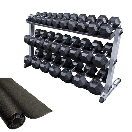 Body-Solid Rubber Hex Dumbbell 5-70lb Package with full set of dumbbells, 3-tier rack, and vinyl floor mat, ideal for organized and versatile strength training.