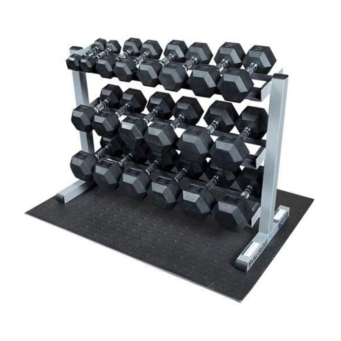 Body Solid Rubber Hex Dumbbell 5-50lb Package with Rack & Floor Mat