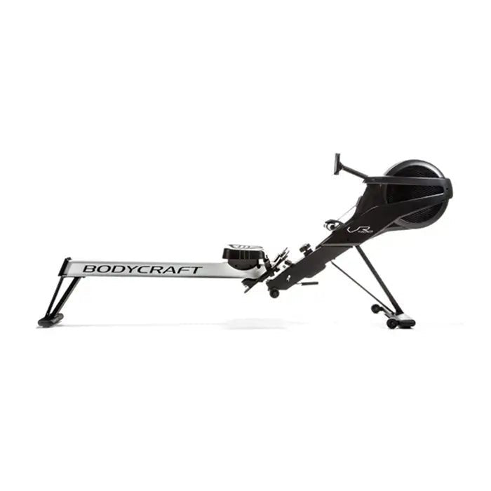 Full side view of the BodyCraft VR400 Pro Rower Machine, highlighting the sleek, durable design, with its long aluminum track and supportive seat, perfect for intense rowing workouts.