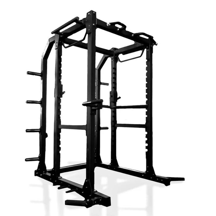 BodyKore G703 Foundation Series Squat Cage with pull-up bar, dip bar, dual landmines, J hooks, spotter bars, and 3"x3" steel tubing, perfect for home and commercial gyms.