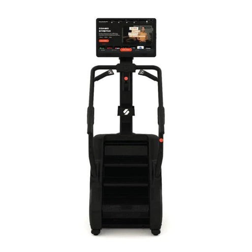 STEPR Pro+ Stair Climber with 7" floating steps and 27" HD touchscreen, designed for advanced fitness and HIIT training, shown on a white background front view